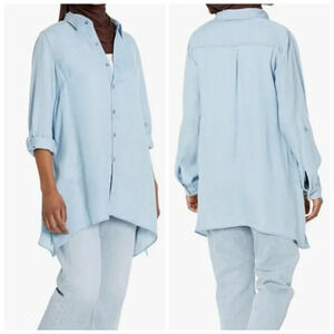 Women's Large Light wash chambray denim button-up shirt top casual loose fit